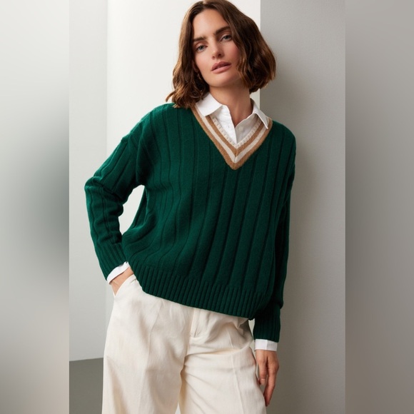 Madewell Tipped V-Neck Oversized Sweater Wool Blend Green...